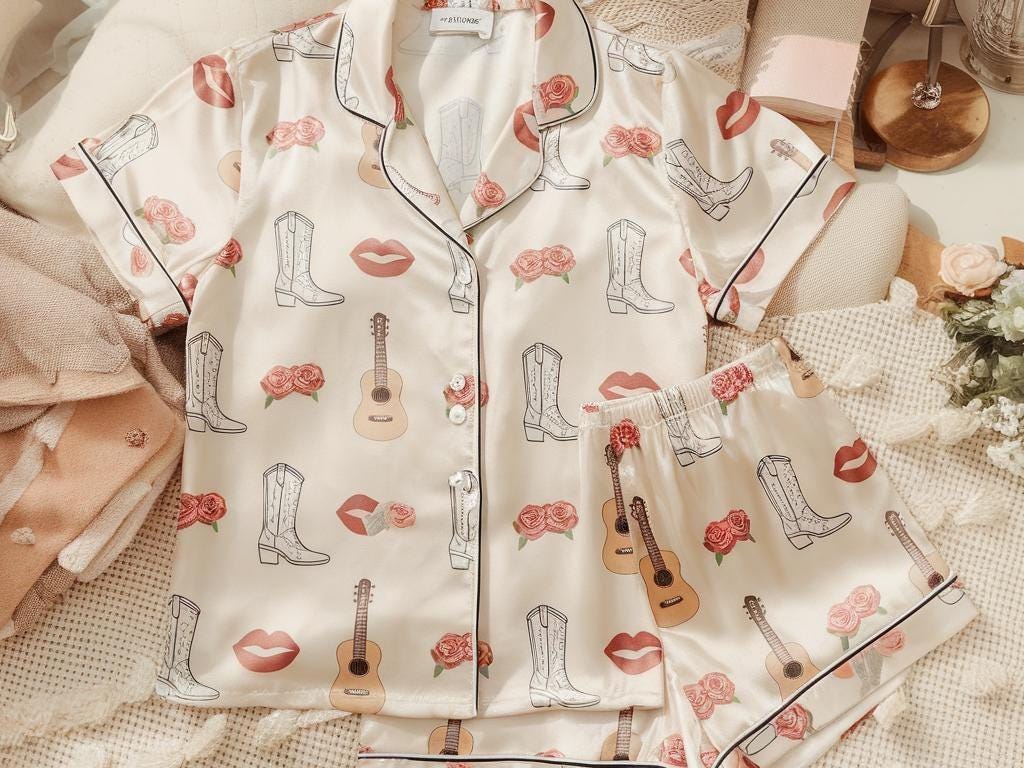 Coquette Cow Girl Satin Pajamas Set, Western Pattern Pajama, Western Pajama, Cowgirl Boot Pajama, Family Pyjamas, Womens Pajamas, Cowboy Pjs