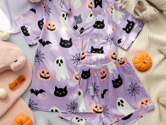 Ghost Pumpkin and Black Cat Pajamas Set, Halloween Pajamas, Cute Ghost Pajamas, Ghost Pjs, Pumpkin Pajamas Set, Spooky Season, Pumpkin Ghost