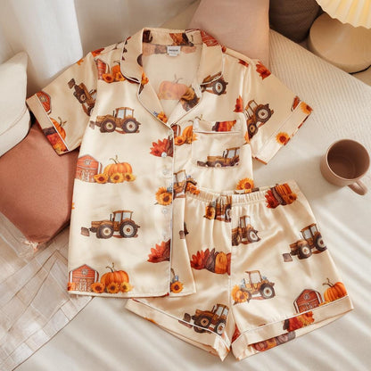 Fall Barn Farm Satin Pajamas, Halloween Pjs, Cozy Fall Aesthetic Pjs, Autumn Pajamas, Fall Pajamas, Pumpkin Pajama, Family Halloween Pyjamas