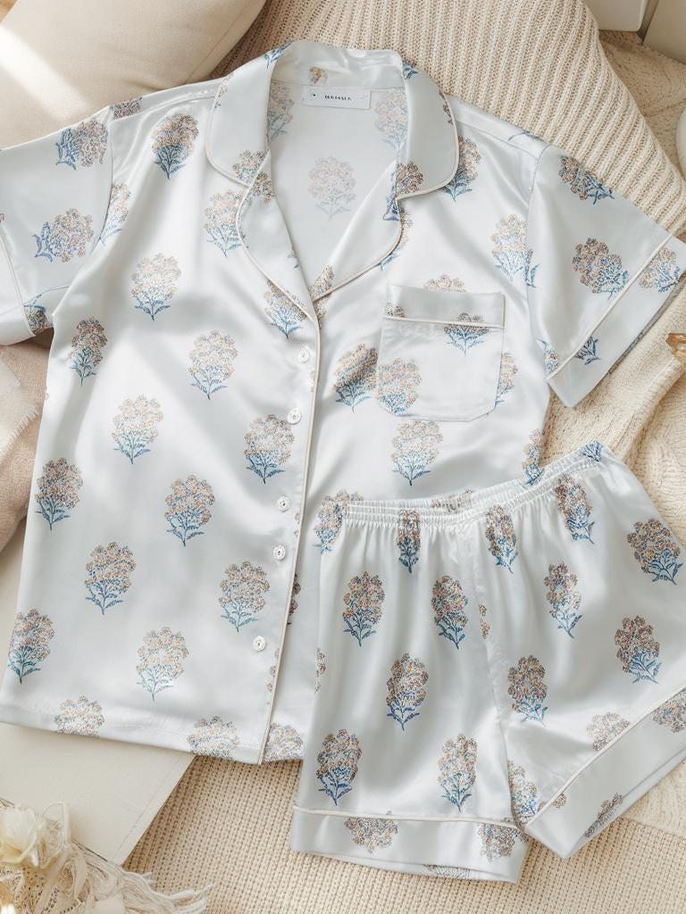 Hand Block Print Satin Pajamas Set, Floral Pattern Pajama, Bridesmaid Pajama, Bride Pajama, Family Pyjamas, Womens Pajamas, Bridal Pajamas