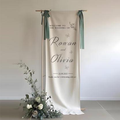 Personalized Wedding Welcome Sign Banner, Custom Wedding Banner with Names and Date, Elegant Fabric Hanging Sign for Ceremony Entrance