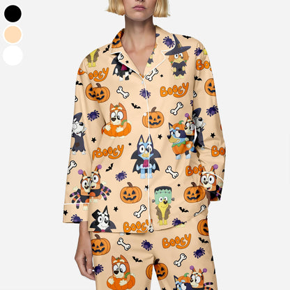 Booey Pajamas Set, Bluey Halloween Pajamas Set, Cute Halloween Pajamas Set, Halloween Set for Woman, Blue Dog Halloween Pajamas Set
