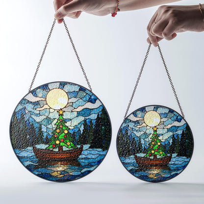 Christmas Tree Boat Moonlight Suncatcher Stained Glass Window Decor Gift for Holiday Lovers