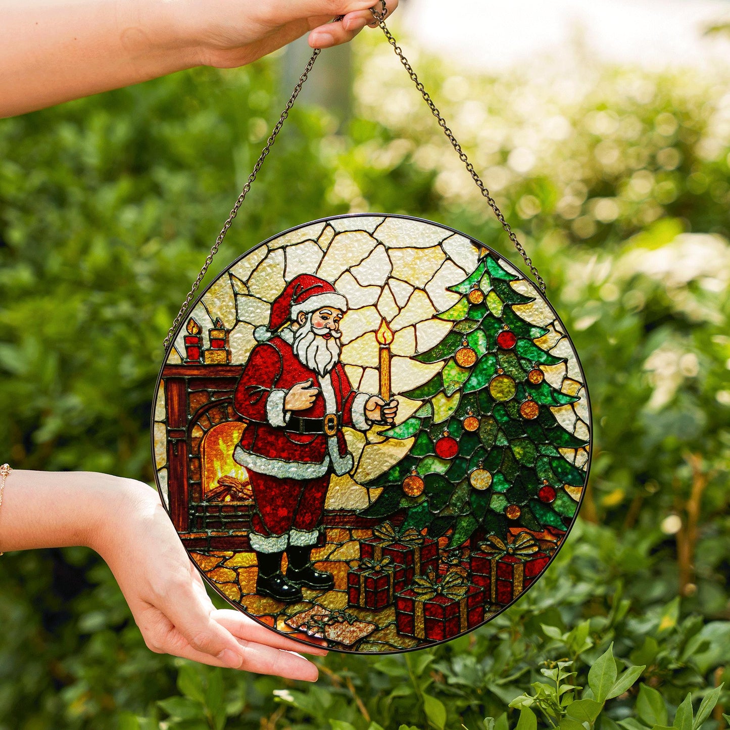 Santa by Christmas Tree Round Glass Suncatcher Holiday Window Decor Christmas Gift for Mom