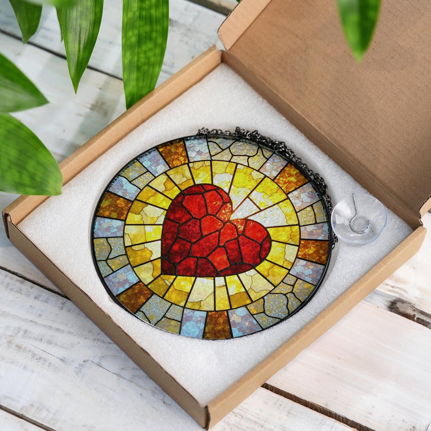 Red Mosaic Heart Stained Glass Suncatcher Window Hanging Love Decor Gift for Anniversary or Valentines Day