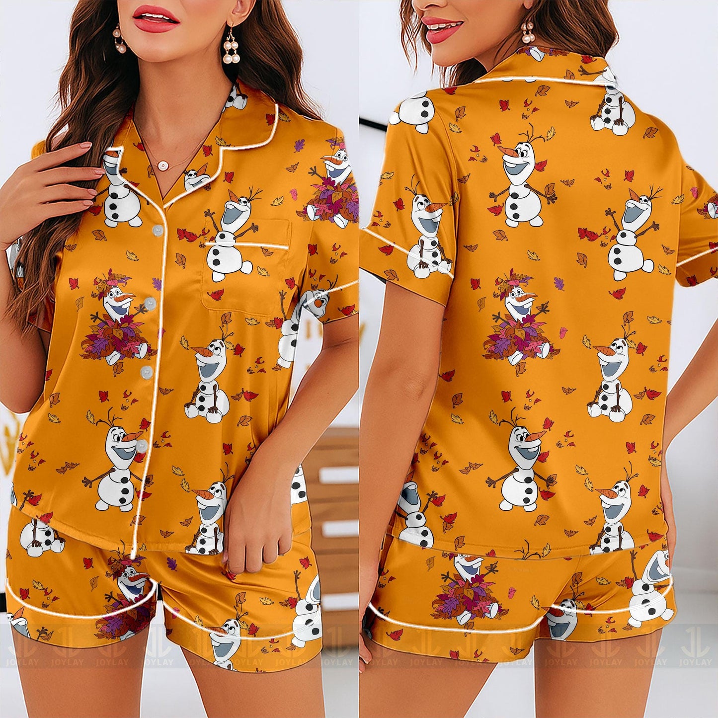 Olaf Fall Autumn Leaf Unisex Satin Pajamas Set, Spooky Season Pajamas , Long Sleeve And Short Styles