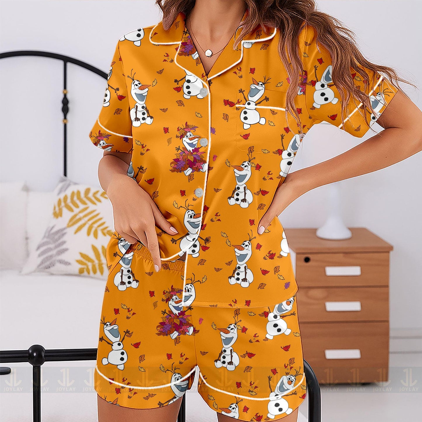Olaf Fall Autumn Leaf Unisex Satin Pajamas Set, Spooky Season Pajamas , Long Sleeve And Short Styles
