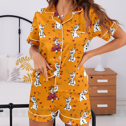 Olaf Fall Autumn Leaf Unisex Satin Pajamas Set, Spooky Season Pajamas , Long Sleeve And Short Styles