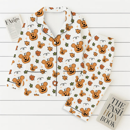 Fall Pumpkin Mouse Leaves Pajamas Set, Halloween Mk Pumpkin Sleepwear, WDW Cartoon Homewear, Cozy Fall Loungewear, Spooky Season Gift