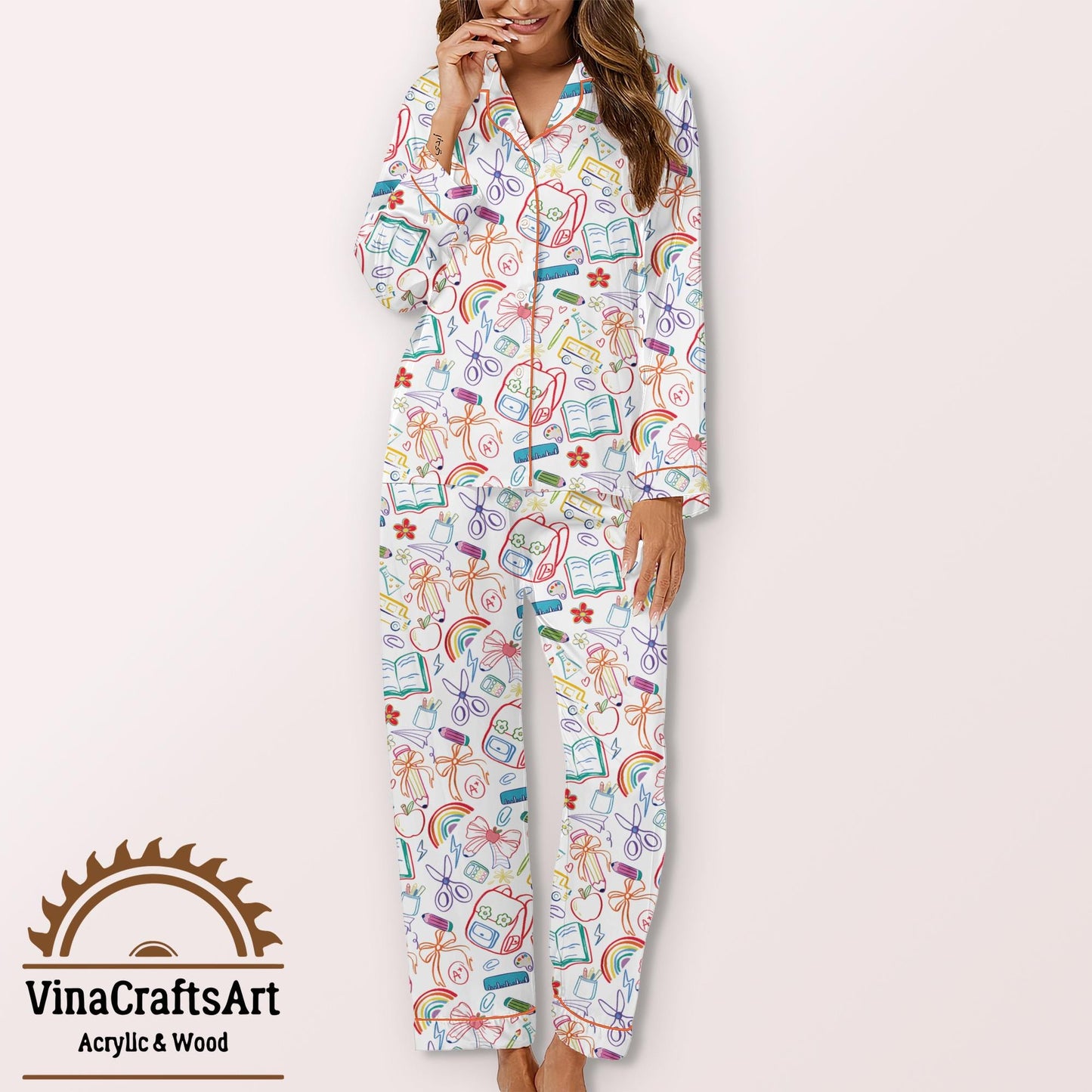 Back To School Retro Pajamas , Fantasy Pajama Set for Women, Soft Satin Short Sleepwear with Magical Crest Print, Book Lover & DnD Gift Idea