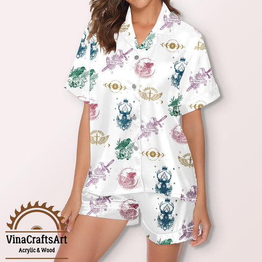 Fantasy Satin Pajama Set for Women – Soft Short Sleeve Sleepwear with Magical Symbols, DnD & Book Lover Gift Idea