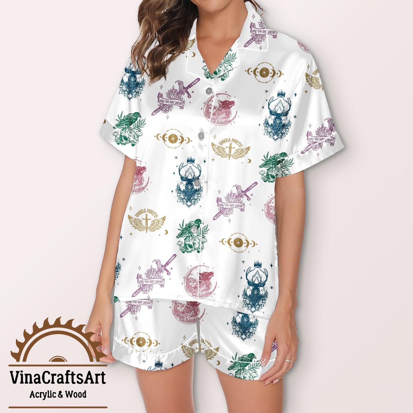 Fantasy Satin Pajama Set for Women – Soft Short Sleeve Sleepwear with Magical Symbols, DnD & Book Lover Gift Idea