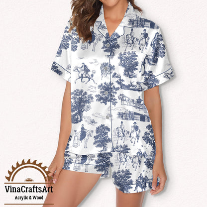 Pride and Prejudice Pajama Set – Satin Toile de Jouy Sleepwear for Women | Jane Austen Gift, Bookish Loungewear Short and Long Set