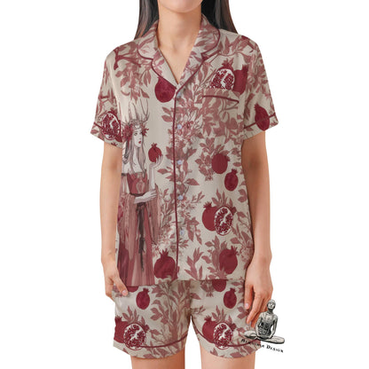 Persephone Pajama Set Short Sleeves, Persephone Goddess Pomegranate Woman's Satin Pajama Short Sleeve