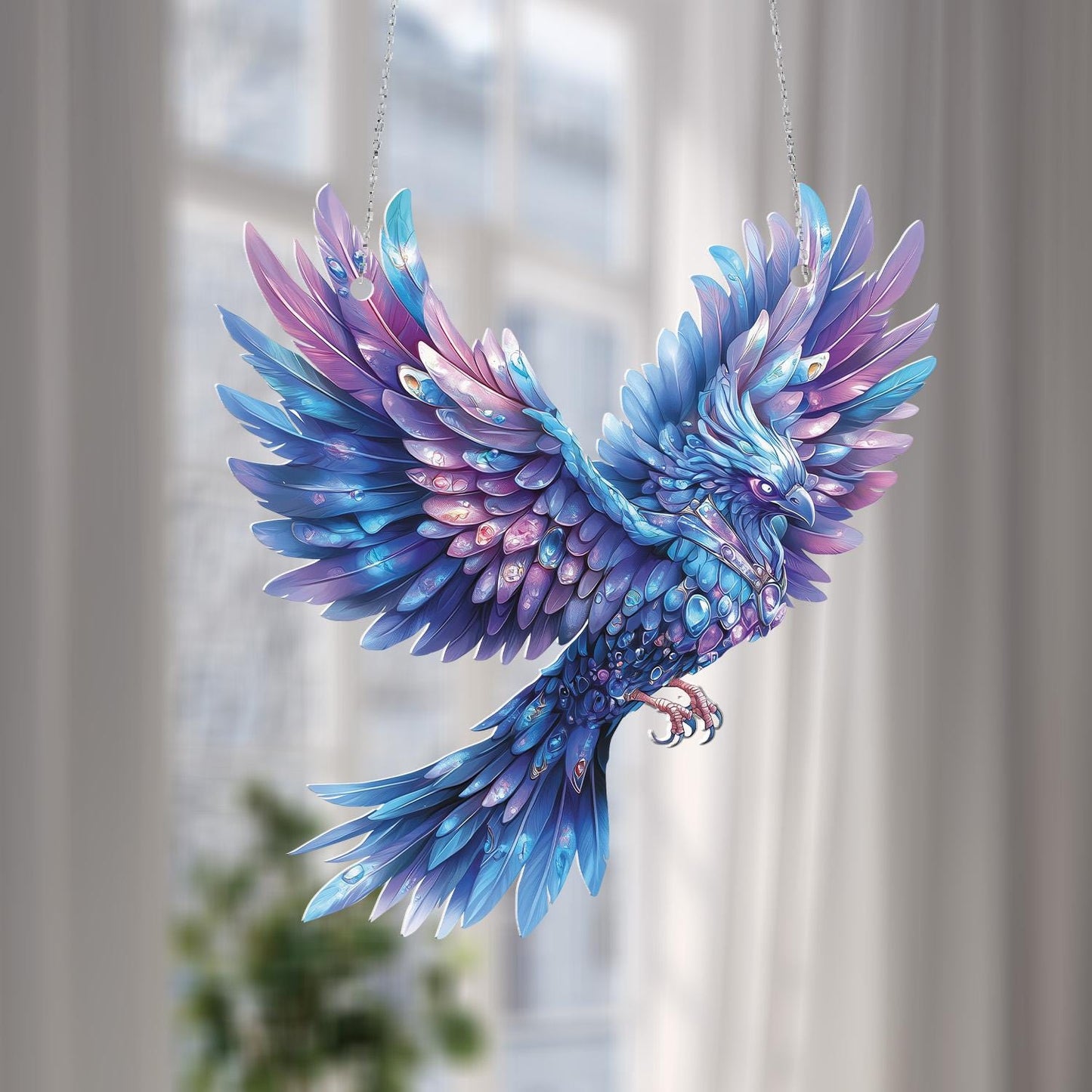Beautiful Blue & Purple Phoenix Bird Window Hanging Decoration – Vibrant Stained Art Ornament for Home or Gift