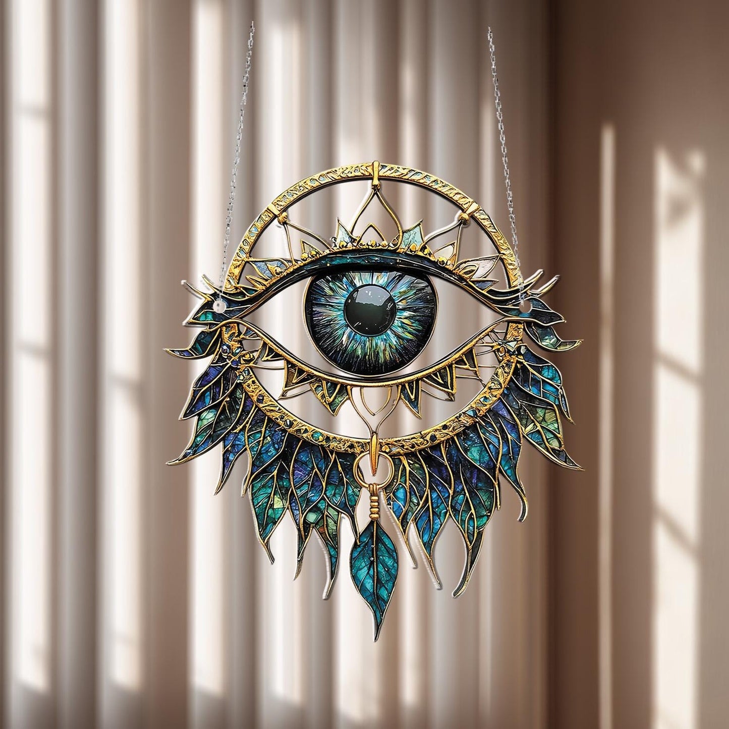Mystic Eye Window Hanging Decoration – Blue and Gold Boho Ornament for Spiritual Home Décor, Protection Symbol, and Unique Gift