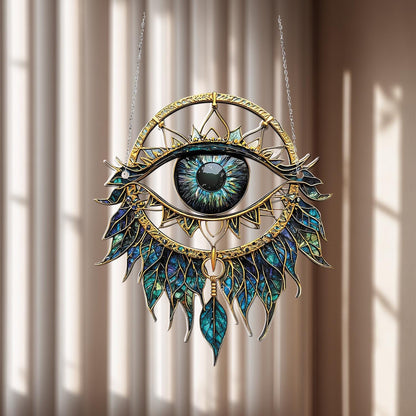 Mystic Eye Window Hanging Decoration – Blue and Gold Boho Ornament for Spiritual Home Décor, Protection Symbol, and Unique Gift