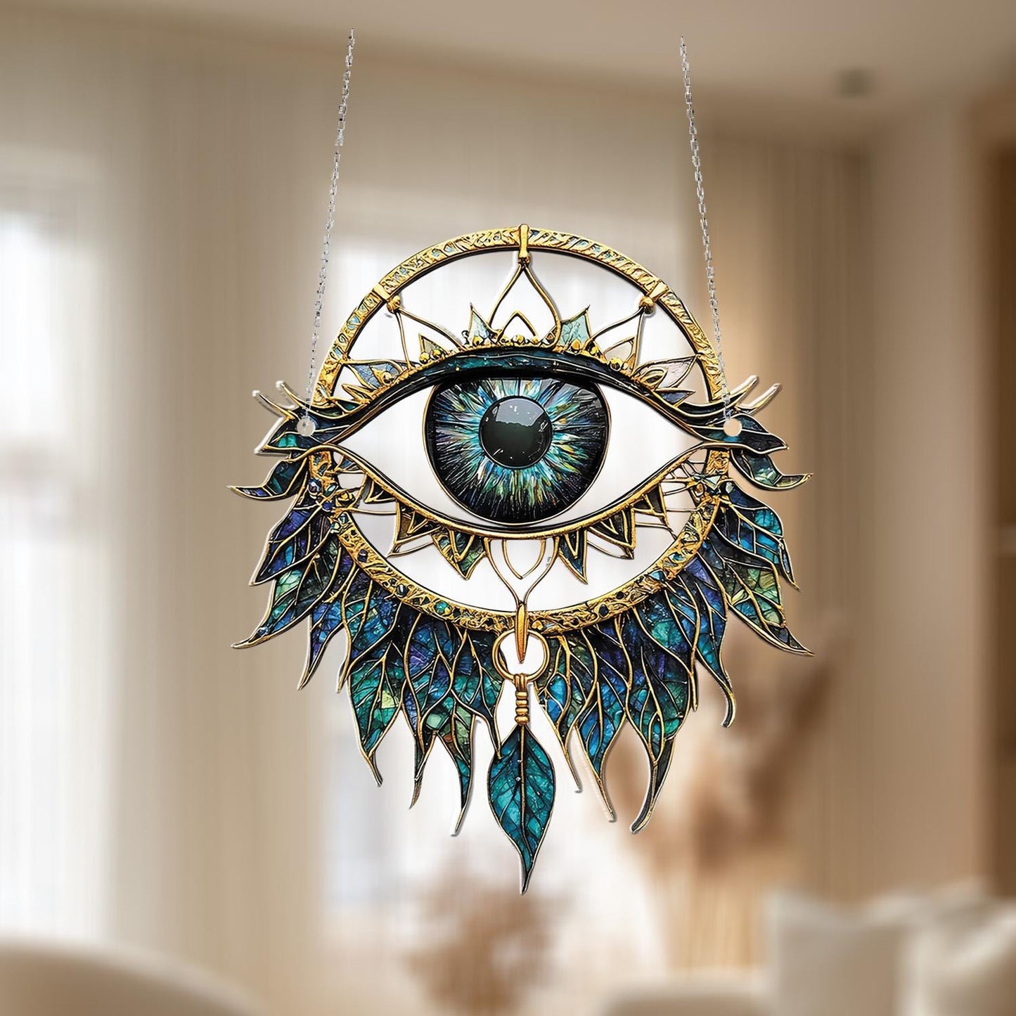 Mystic Eye Window Hanging Decoration – Blue and Gold Boho Ornament for Spiritual Home Décor, Protection Symbol, and Unique Gift
