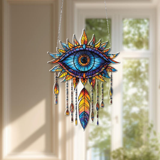 Colorful Boho Eye with Feathers Window Hanging – Vibrant Spiritual Ornament for Home Décor, Protection Symbol, and Unique Gift
