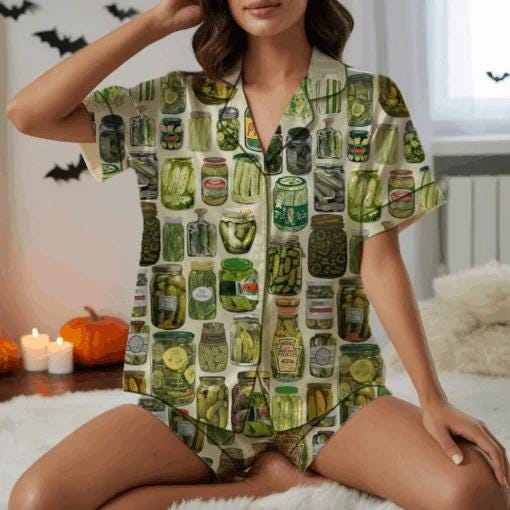 Dill Pickle Collage Satin Pajama Set For Women  Pajamas Set