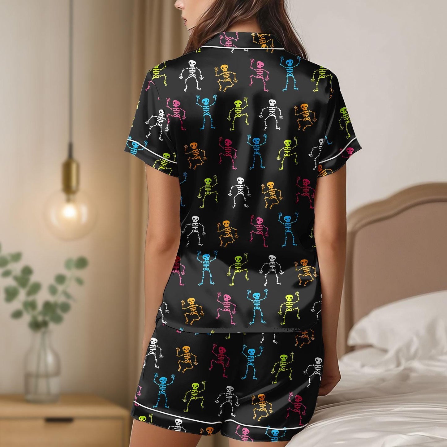 Halloween Skeleton Satin Pajamas, Skeleton Satin Pajamas Shorts, Spooky Pajamas, Halloween Sleepwear, Unisex Skeleton Pjs, Gift For Her