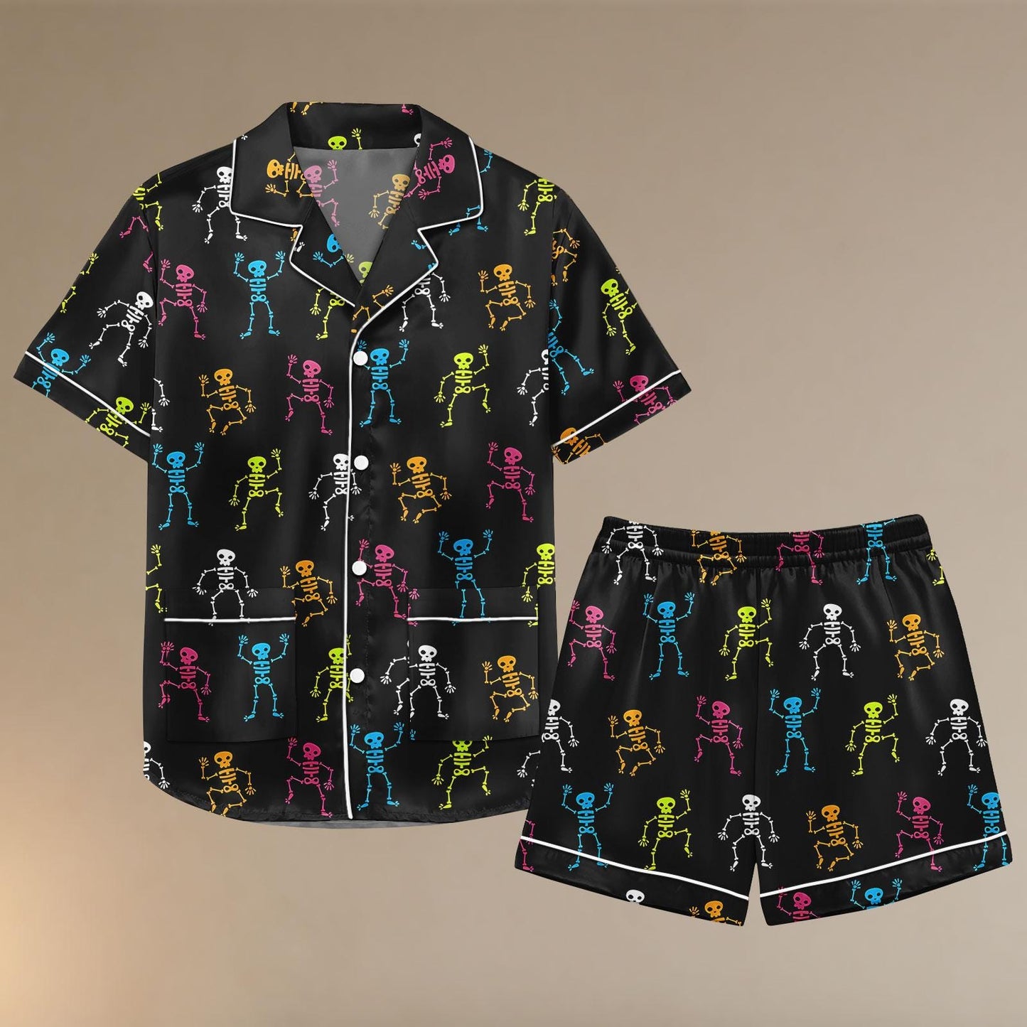 Halloween Skeleton Satin Pajamas, Skeleton Satin Pajamas Shorts, Spooky Pajamas, Halloween Sleepwear, Unisex Skeleton Pjs, Gift For Her