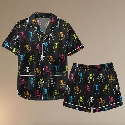 Halloween Skeleton Satin Pajamas, Skeleton Satin Pajamas Shorts, Spooky Pajamas, Halloween Sleepwear, Unisex Skeleton Pjs, Gift For Her