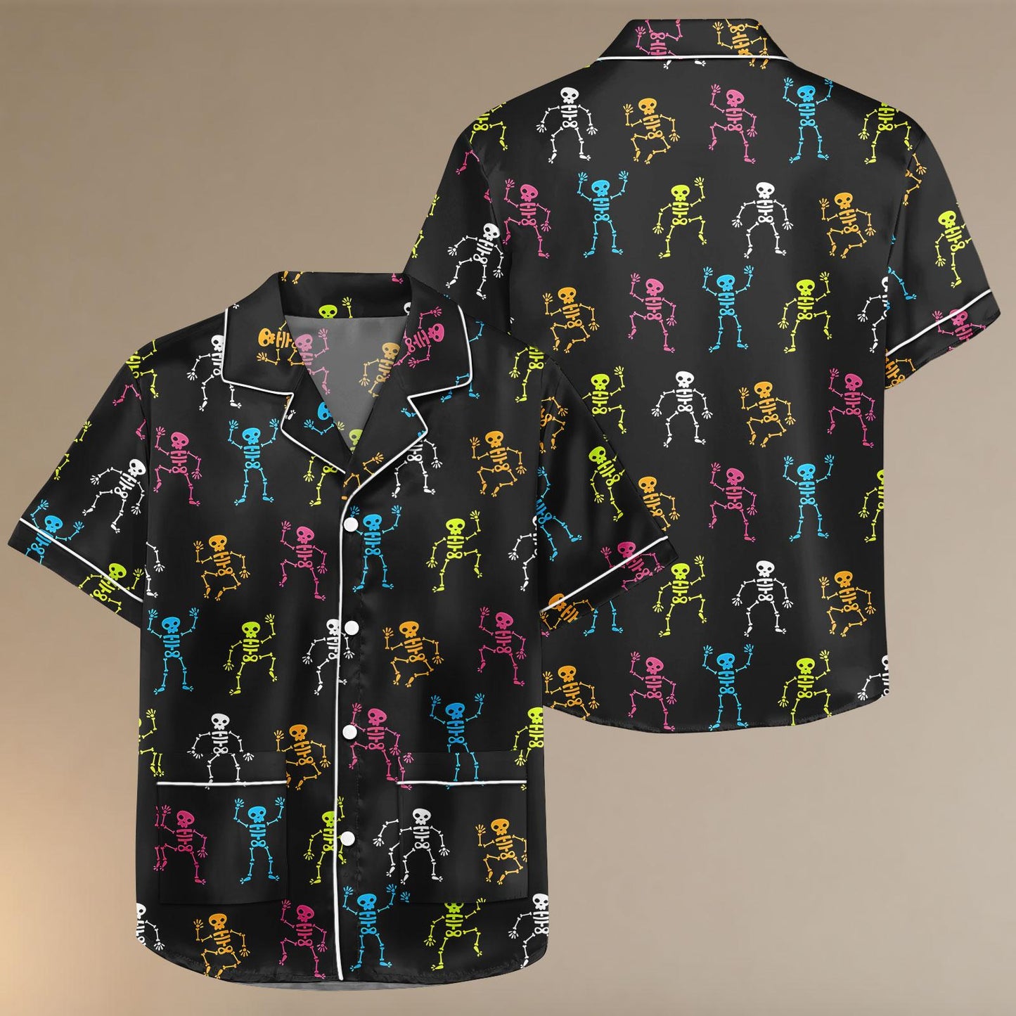 Halloween Skeleton Satin Pajamas, Skeleton Satin Pajamas Shorts, Spooky Pajamas, Halloween Sleepwear, Unisex Skeleton Pjs, Gift For Her