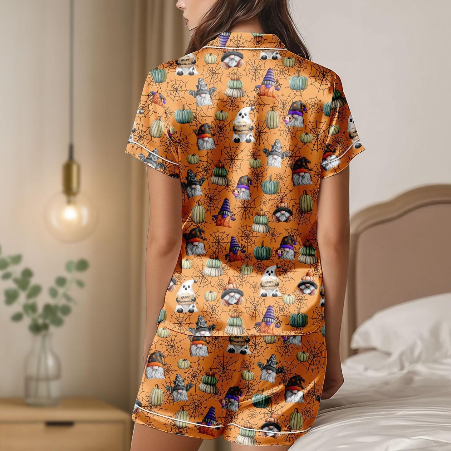 Halloween Gnome Pumpkin Satin Pajamas, Cute Halloween Pajama Shorts, Satin Sleepwear, Autumn Lounge Set, Spooky Pumpkin Pjs Set