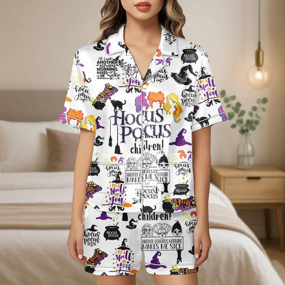Hocus Pocus Satin Pajamas, Halloween Movie Pajama Shorts, Witch Satin Sleepwear, Spooky Satin Lounge Set, Costume Halloween Pjs