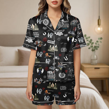 Supernatural Satin Pajamas Shorts, TV Show Pajama Set, Halloween Sleepwear, Fandom Satin Lounge Set, Cosplay Pajamas for Adults