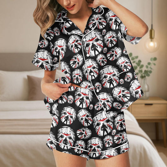 Halloween Horror Satin Pajama Set, Jason Mask Pajamas, Scary Movie Sleepwear, Friday the 13th Pajama Set, Spooky Halloween PJs