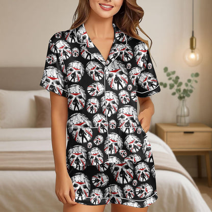 Halloween Horror Satin Pajama Set, Jason Mask Pajamas, Scary Movie Sleepwear, Friday the 13th Pajama Set, Spooky Halloween PJs