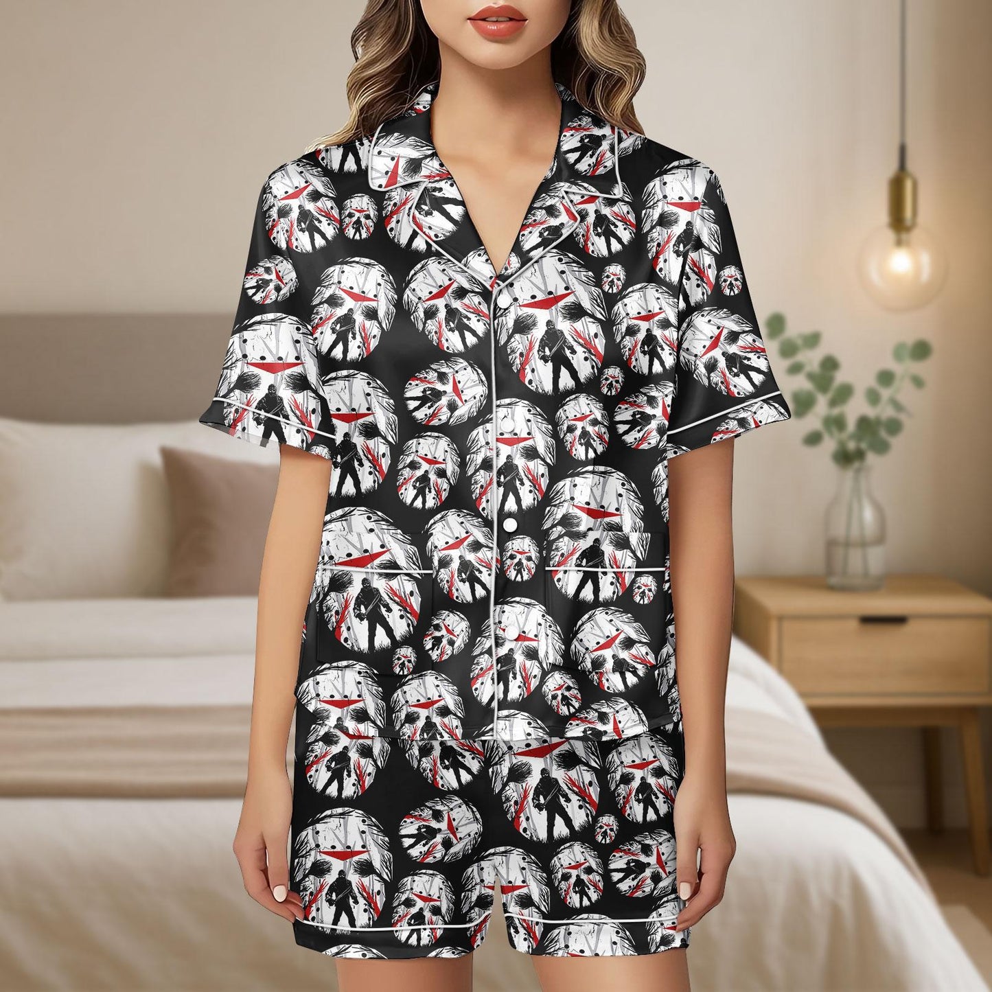 Halloween Horror Satin Pajama Set, Jason Mask Pajamas, Scary Movie Sleepwear, Friday the 13th Pajama Set, Spooky Halloween PJs