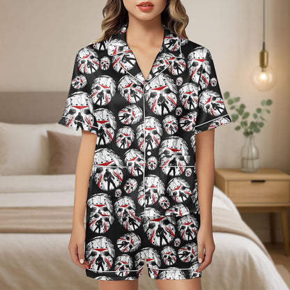 Halloween Horror Satin Pajama Set, Jason Mask Pajamas, Scary Movie Sleepwear, Friday the 13th Pajama Set, Spooky Halloween PJs