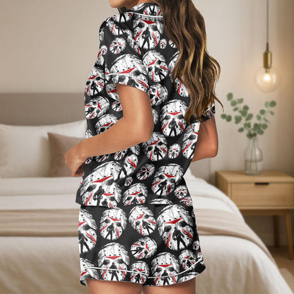 Halloween Horror Satin Pajama Set, Jason Mask Pajamas, Scary Movie Sleepwear, Friday the 13th Pajama Set, Spooky Halloween PJs