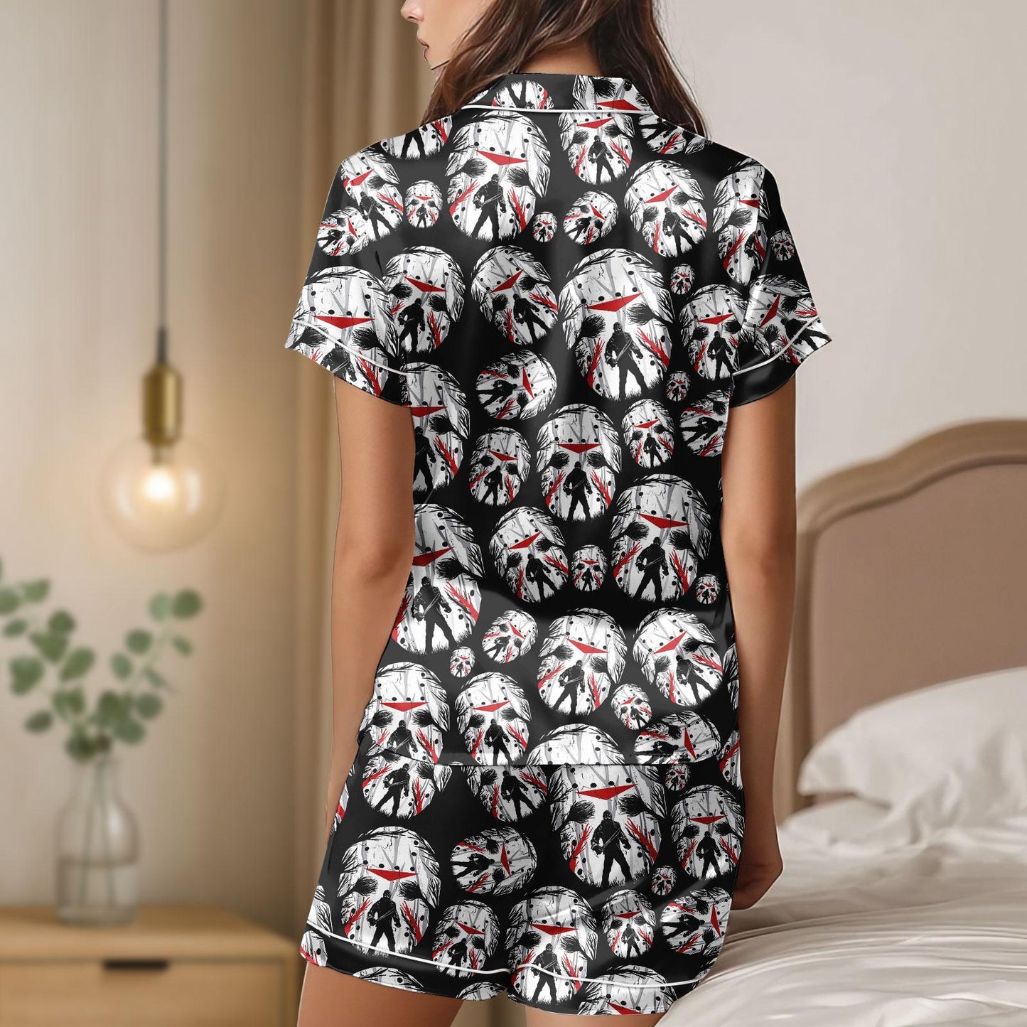 Halloween Horror Satin Pajama Set, Jason Mask Pajamas, Scary Movie Sleepwear, Friday the 13th Pajama Set, Spooky Halloween PJs