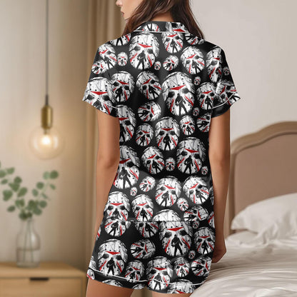 Halloween Horror Satin Pajama Set, Jason Mask Pajamas, Scary Movie Sleepwear, Friday the 13th Pajama Set, Spooky Halloween PJs
