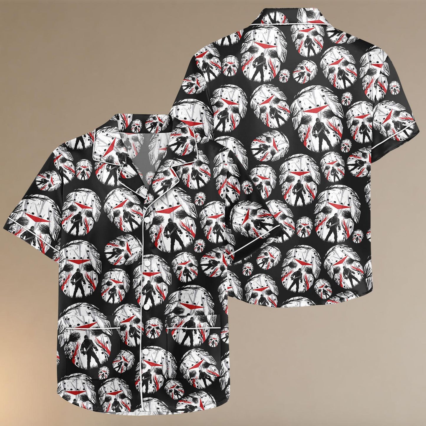 Halloween Horror Satin Pajama Set, Jason Mask Pajamas, Scary Movie Sleepwear, Friday the 13th Pajama Set, Spooky Halloween PJs