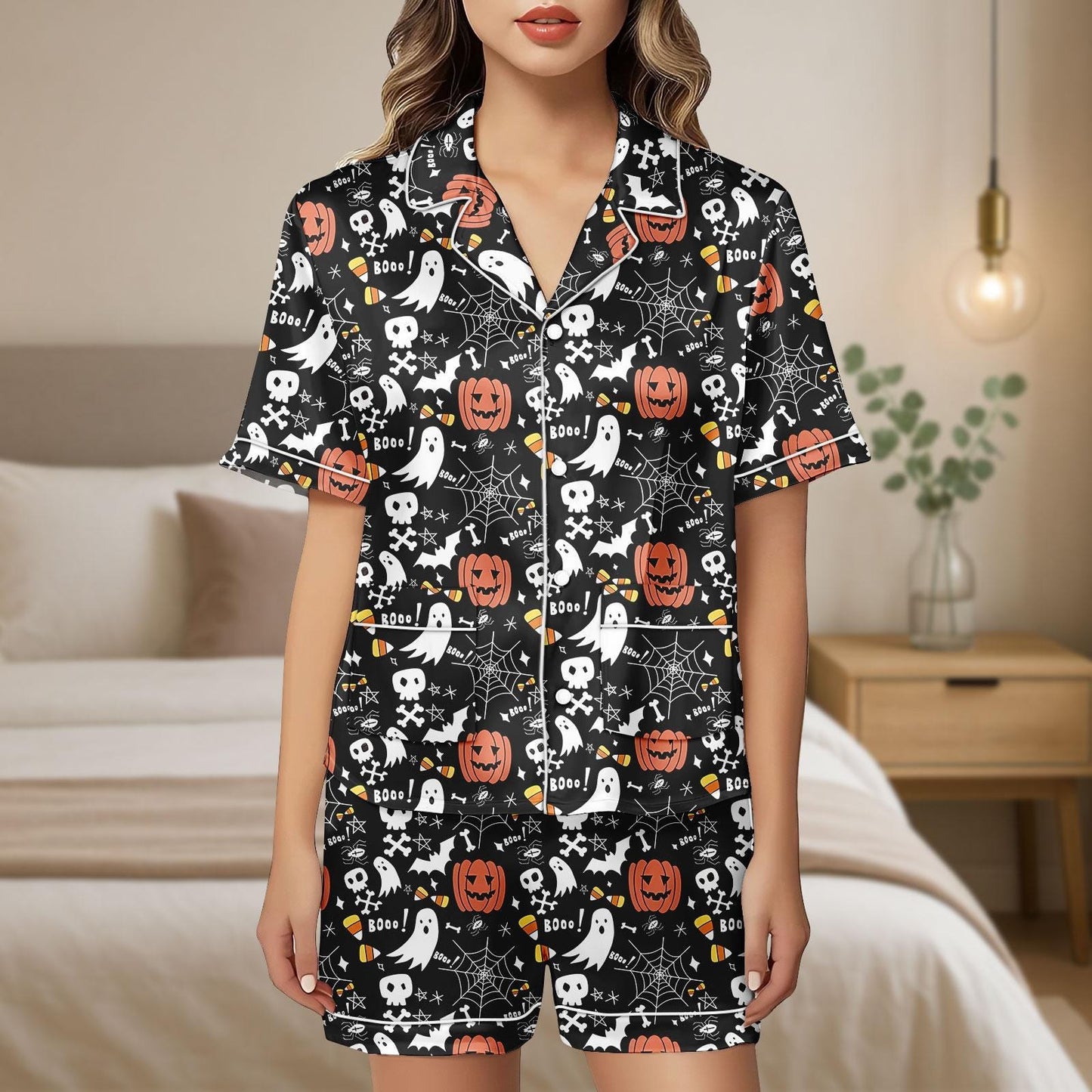Cute Halloween Ghost Pumpkin Satin Pajama Shorts, Spooky Spider Web Sleepwear, Fall Pumpkin PJs, Women’s Halloween Pajama Shorts Set