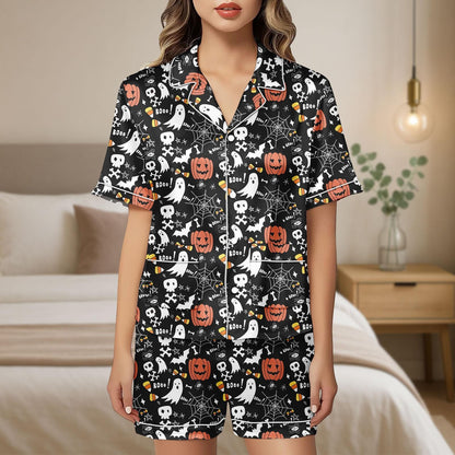 Cute Halloween Ghost Pumpkin Satin Pajama Shorts, Spooky Spider Web Sleepwear, Fall Pumpkin PJs, Women’s Halloween Pajama Shorts Set