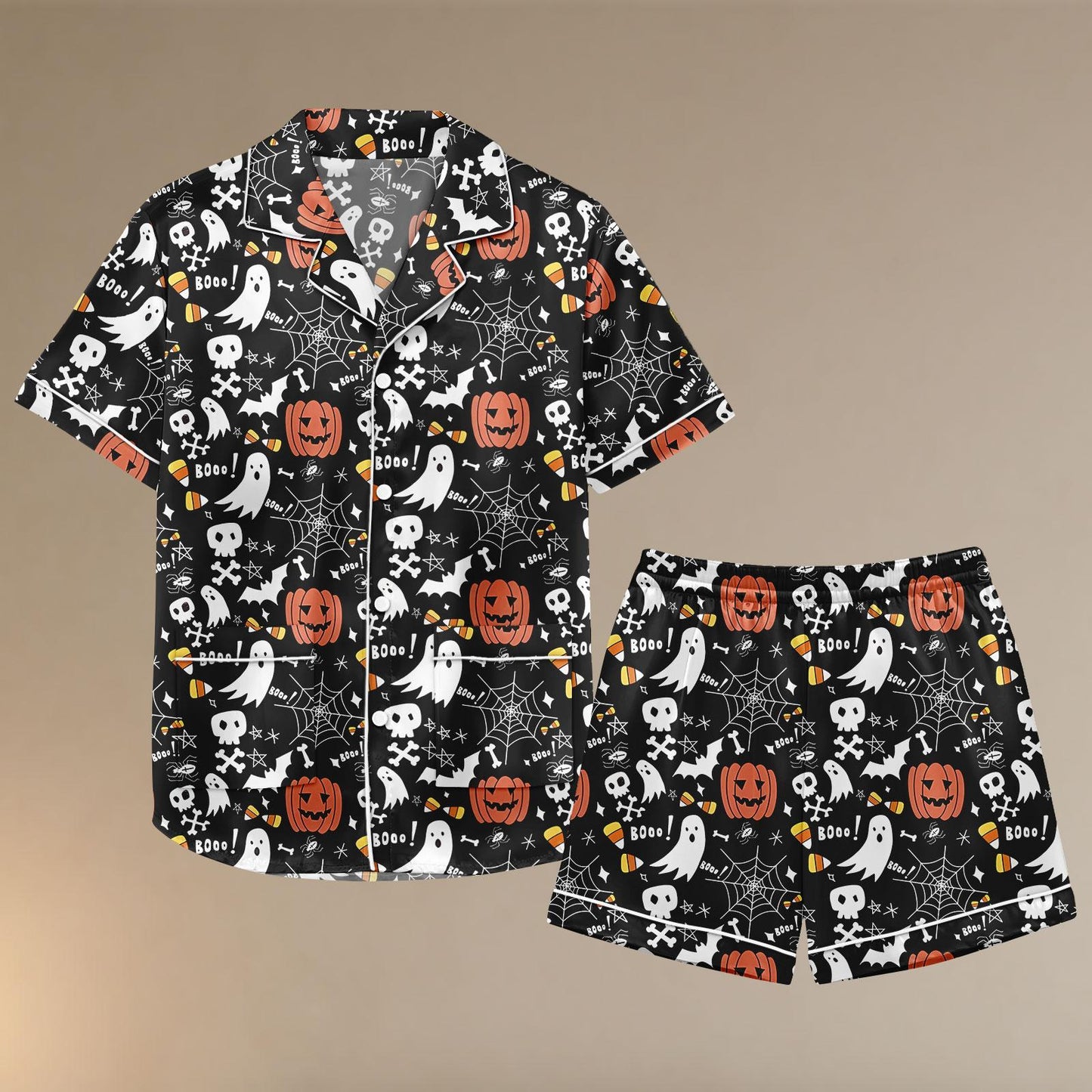 Cute Halloween Ghost Pumpkin Satin Pajama Shorts, Spooky Spider Web Sleepwear, Fall Pumpkin PJs, Women’s Halloween Pajama Shorts Set