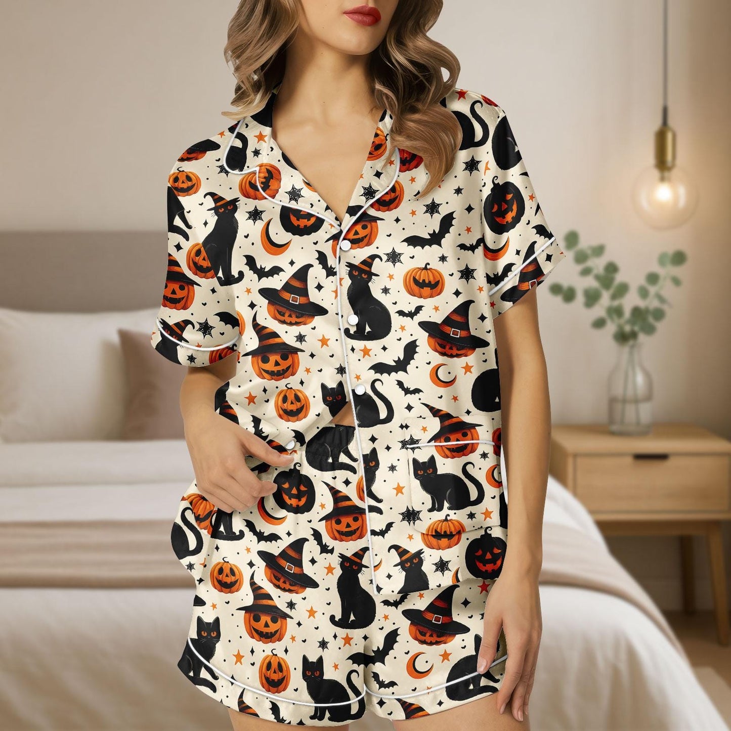 Black Cat Pumpkin Halloween Satin Pajama Set, Witches Hat Sleepwear, Cute Spooky Fall PJs, Women’s Halloween Nightwear, Cozy Lounge Set