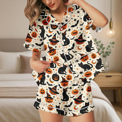 Black Cat Pumpkin Halloween Satin Pajama Set, Witches Hat Sleepwear, Cute Spooky Fall PJs, Women’s Halloween Nightwear, Cozy Lounge Set