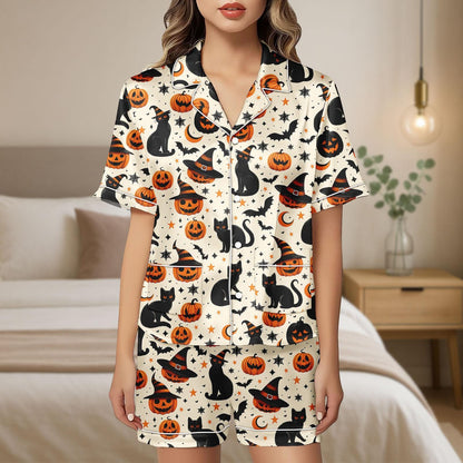 Black Cat Pumpkin Halloween Satin Pajama Set, Witches Hat Sleepwear, Cute Spooky Fall PJs, Women’s Halloween Nightwear, Cozy Lounge Set