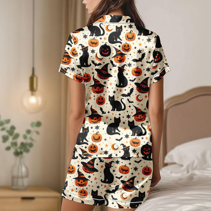 Black Cat Pumpkin Halloween Satin Pajama Set, Witches Hat Sleepwear, Cute Spooky Fall PJs, Women’s Halloween Nightwear, Cozy Lounge Set
