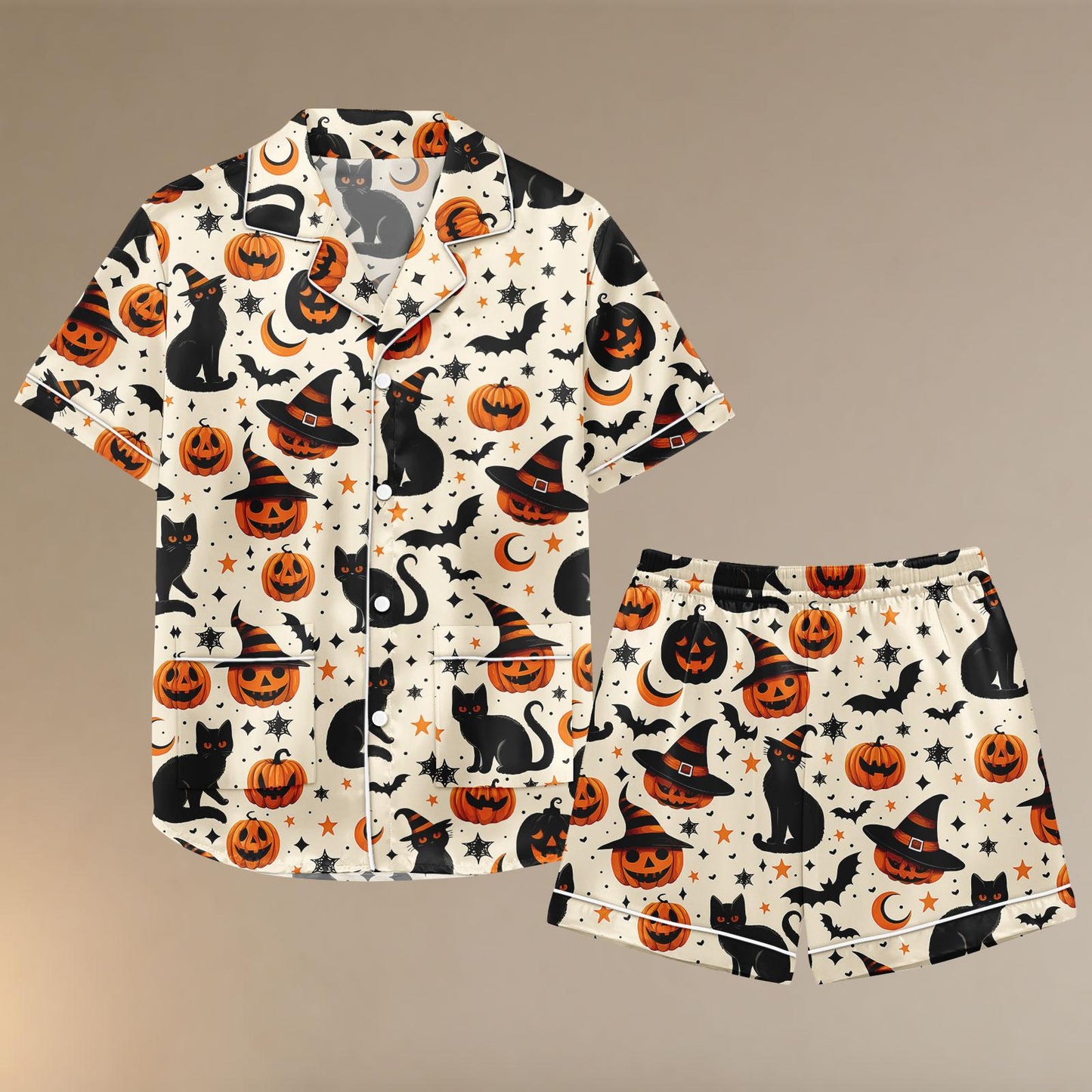 Black Cat Pumpkin Halloween Satin Pajama Set, Witches Hat Sleepwear, Cute Spooky Fall PJs, Women’s Halloween Nightwear, Cozy Lounge Set