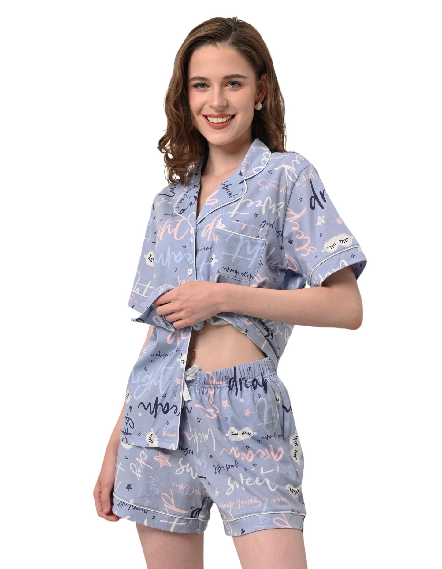 Women’s 100% Cotton Pajama Set 2 Piece Loungewear – Soft Button Down Sleepwear Printed Shorts with Pockets | Summer Nightwear | Size XS–XXL
