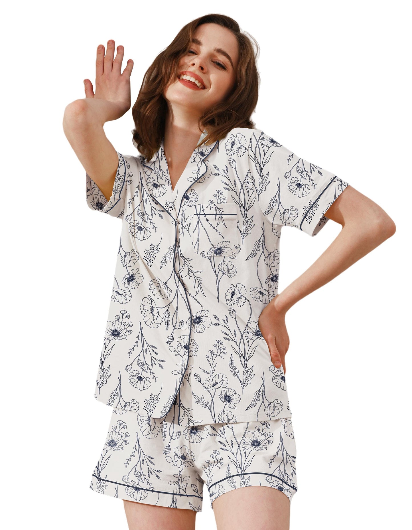 Women’s 100% Cotton Pajama Set 2 Piece Loungewear – Soft Button Down Sleepwear Printed Shorts with Pockets | Summer Nightwear | Size XS–XXL