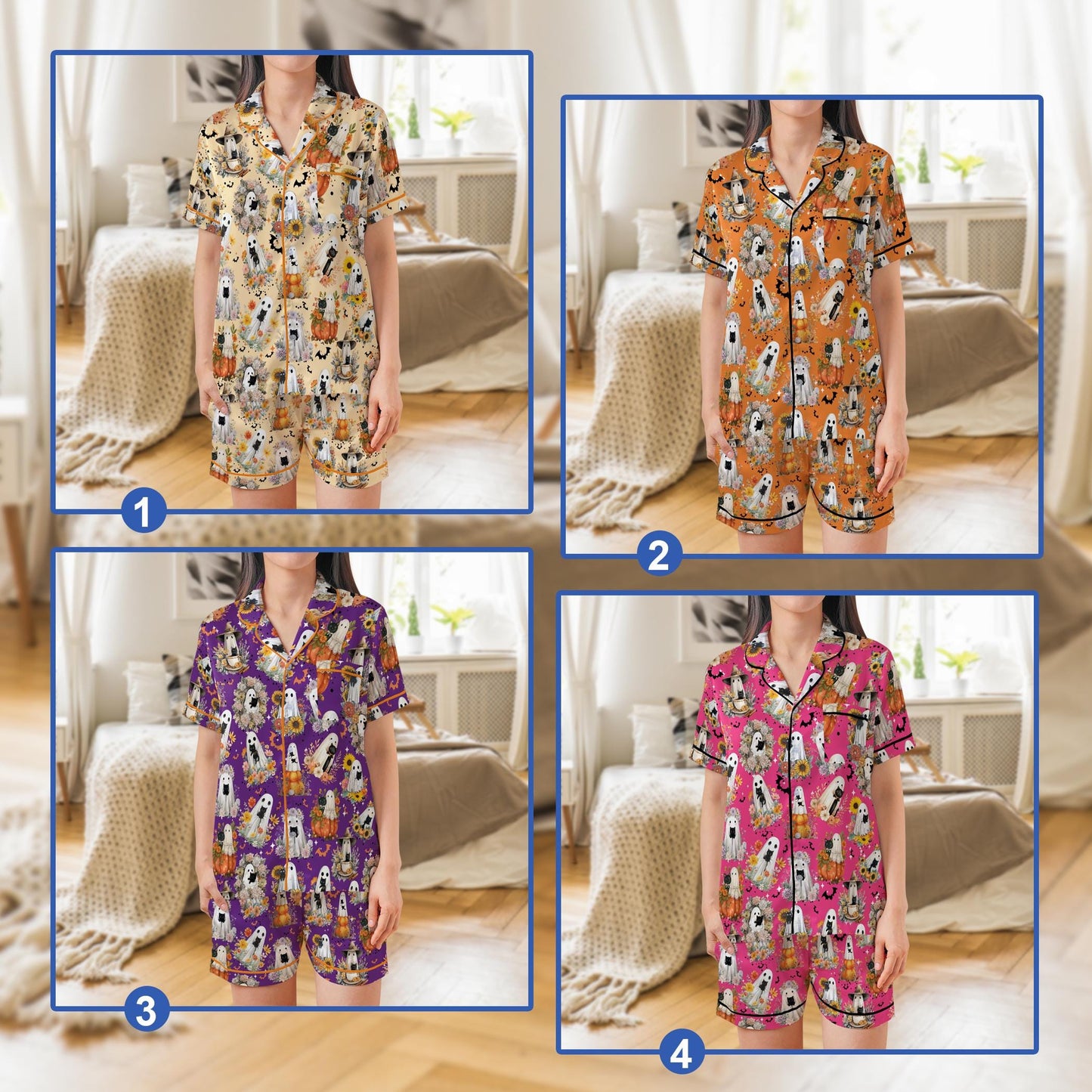 Boo Ghost Cat Halloween Satin Pajama Set, Cute Black Cat Spooky Season Pajamas, Fall Pumpkin Floral Halloween PJs, Cat Mom, Cat Lover Gift